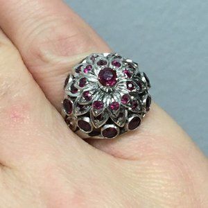 Gorgeous Vintage Antique Ruby & White Metal Harem Thai Princess Ring Size 6.5